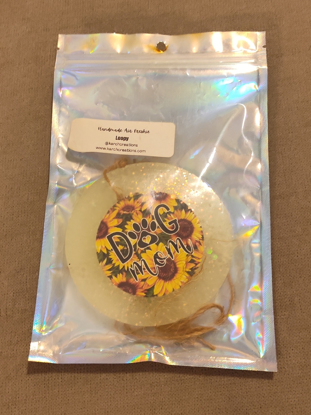 NWT! Dog Mom Sunflower Hanging Air Freshie - Clear Glitter